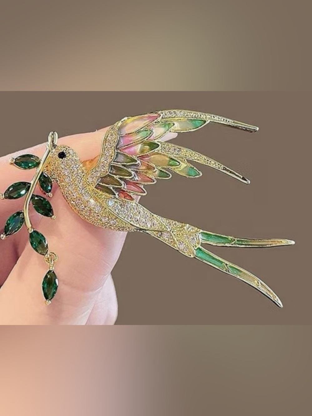 Gold-Tone Enamel Hummingbird Brooch with Pink & Green Accents
